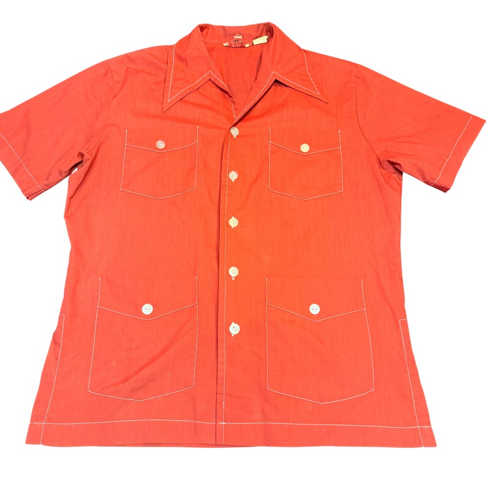 Vintage‎ 70s Red Safari Shirt 4 Pocket Contrast Stitch Workwear M As-Is